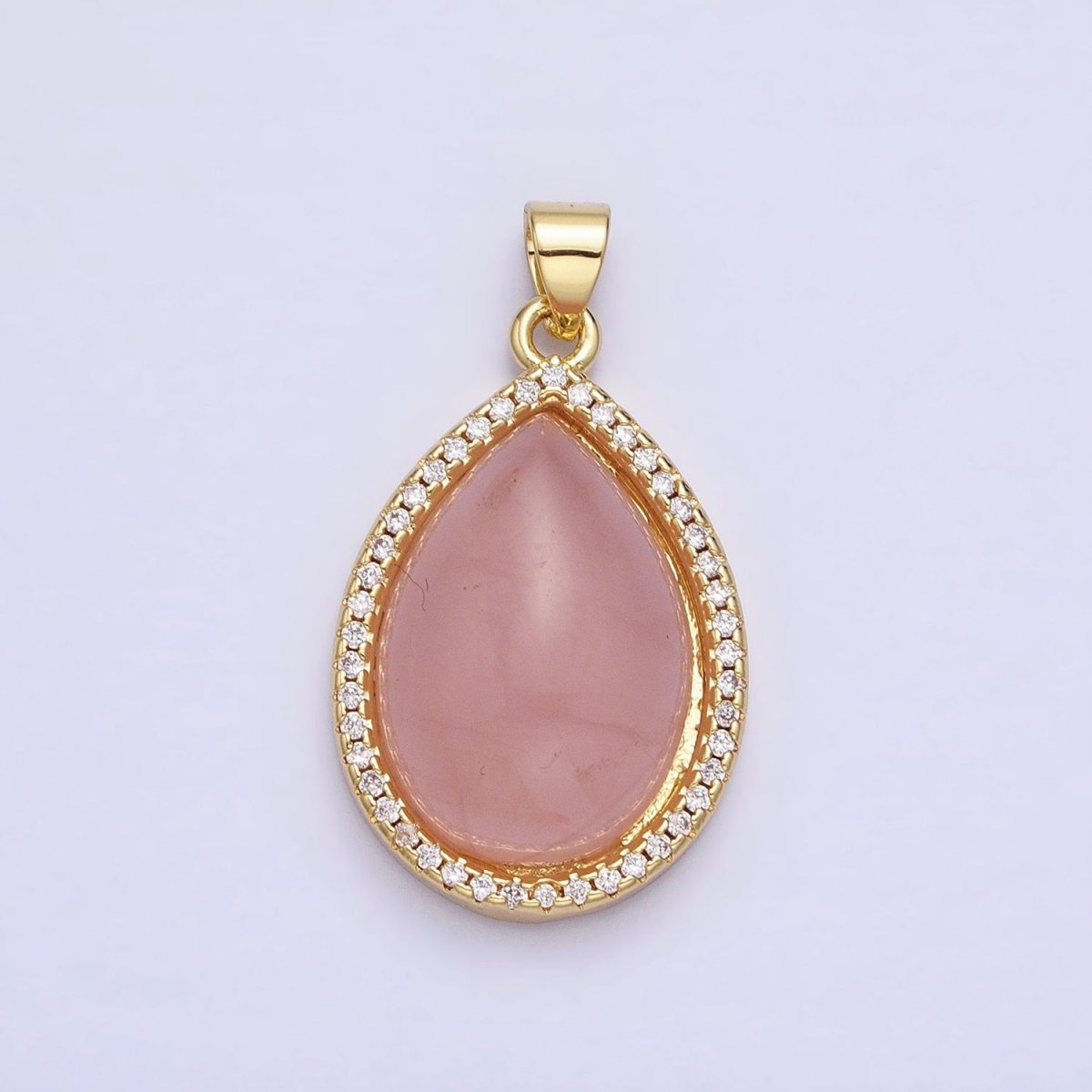 24K Gold Filled 30mm Rose Quartz Natural Gemstone Teardrop Micro Paved CZ Pendant | AA340 - DLUXCA