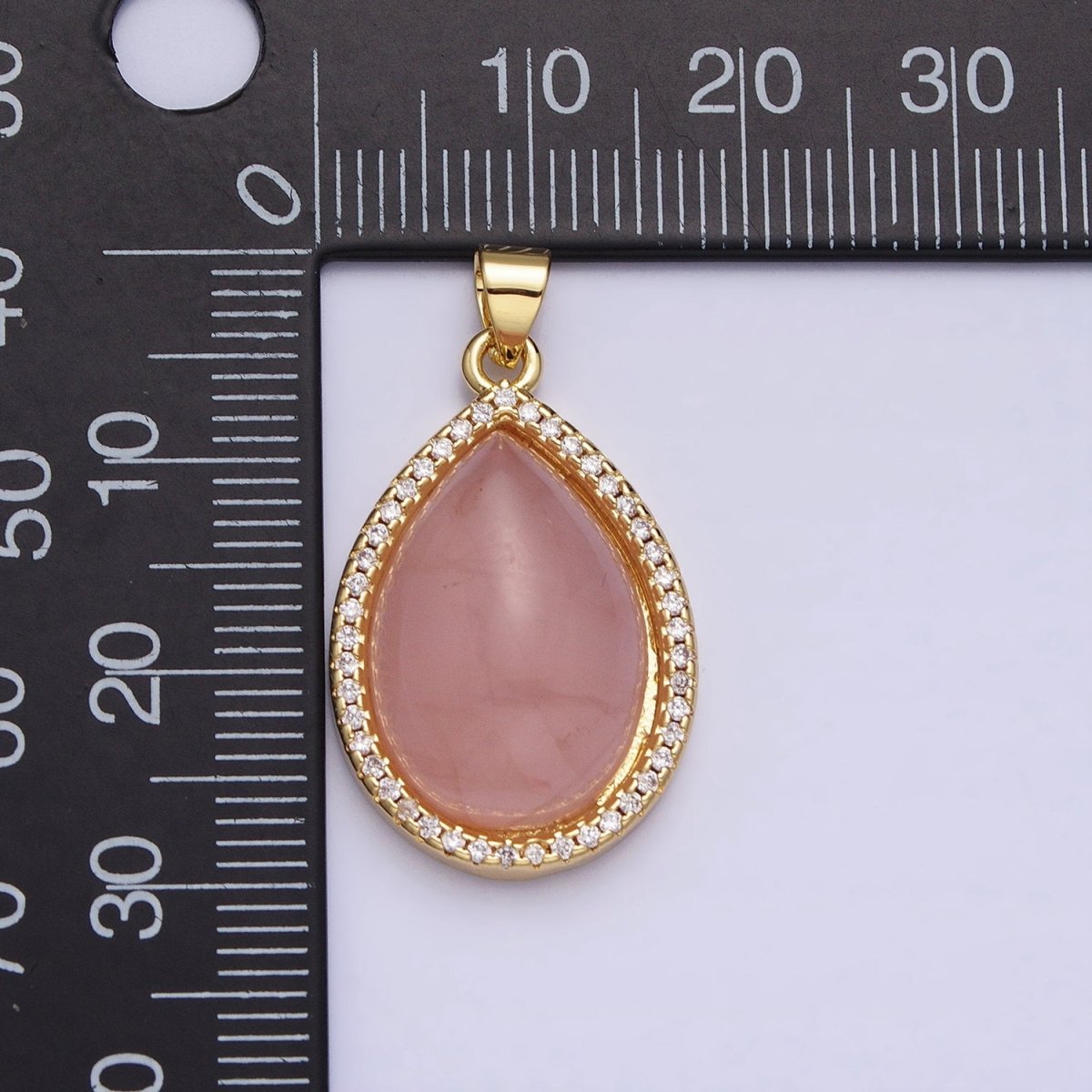 24K Gold Filled 30mm Rose Quartz Natural Gemstone Teardrop Micro Paved CZ Pendant | AA340 - DLUXCA