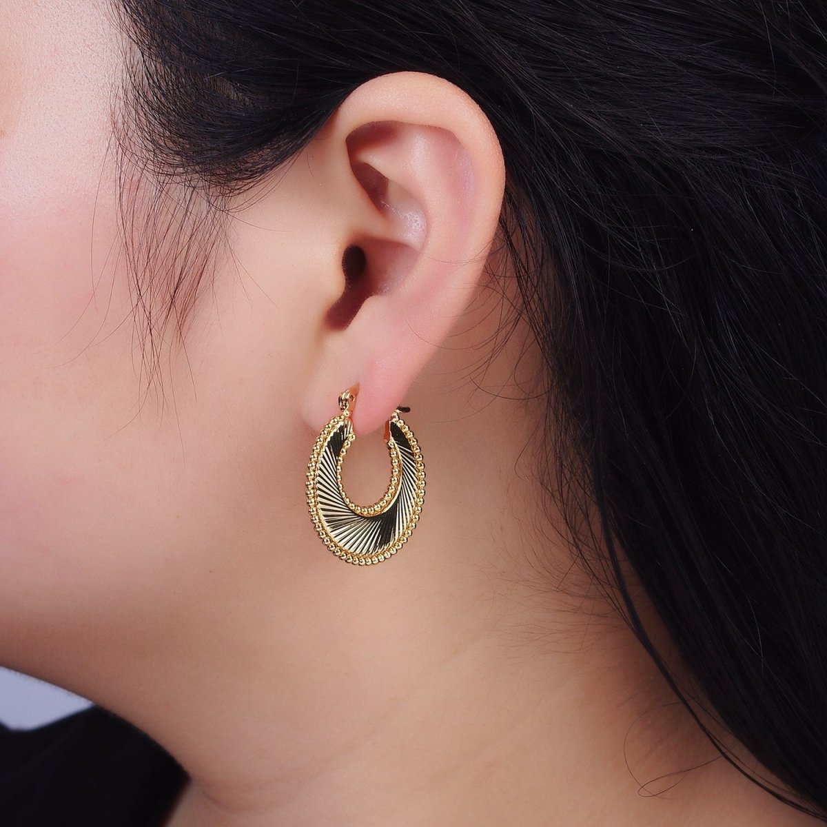 24K Gold Filled 30mm Spiral Line Beaded Bubble French Lock Latch Hoop Earrings in Gold & Silver | AE-614 AE-615