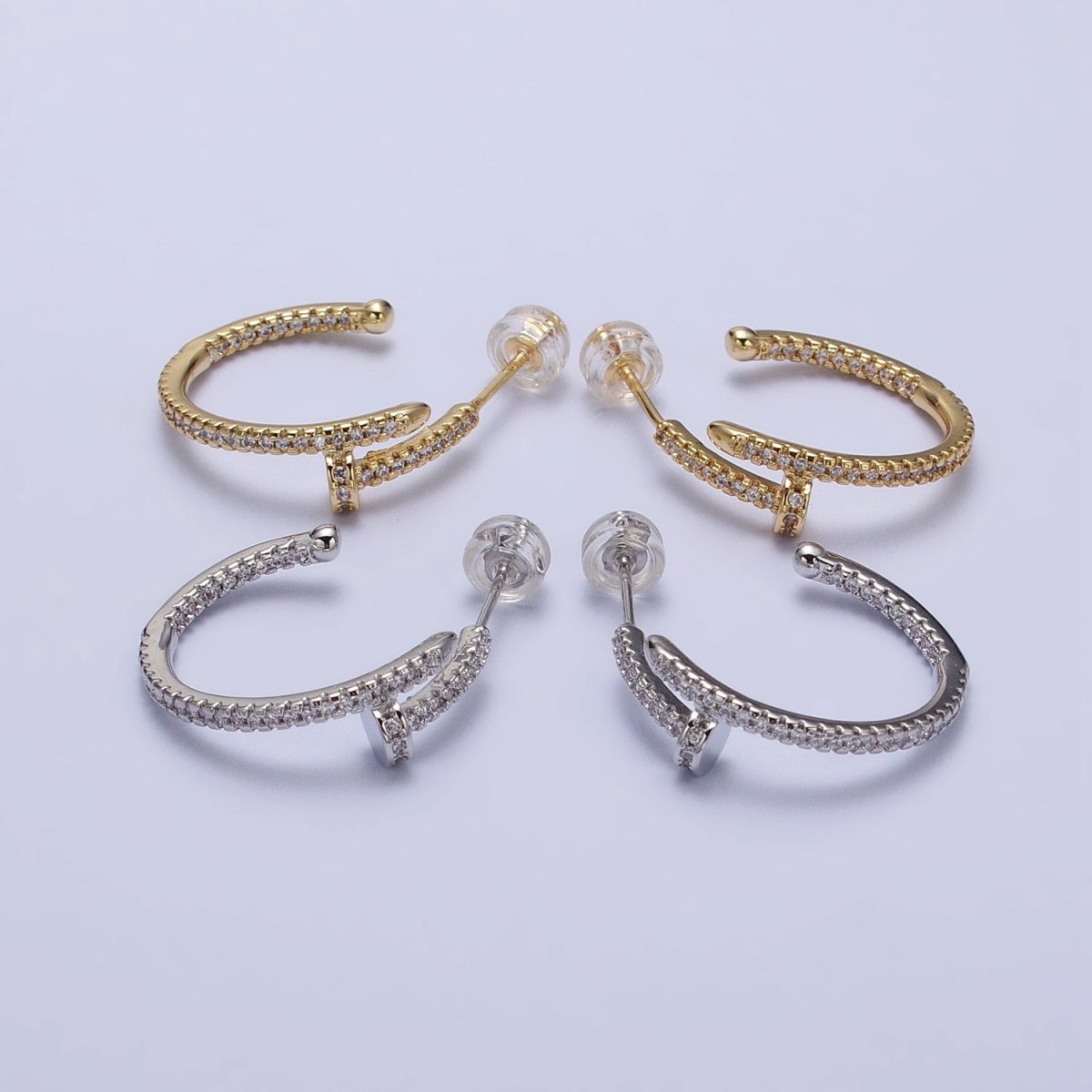 24K Gold Filled 30mm Spiral Needle Micro Paved CZ Hoop Earrings in Gold & Silver | AB534 AB535