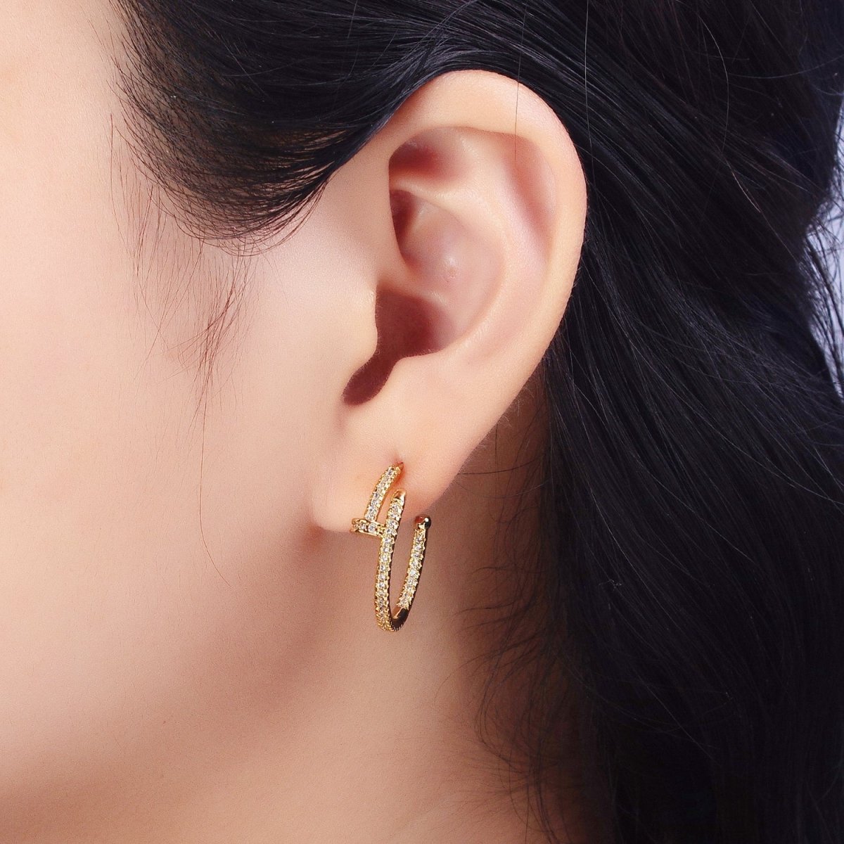 24K Gold Filled 30mm Spiral Needle Micro Paved CZ Hoop Earrings in Gold & Silver | AB534 AB535