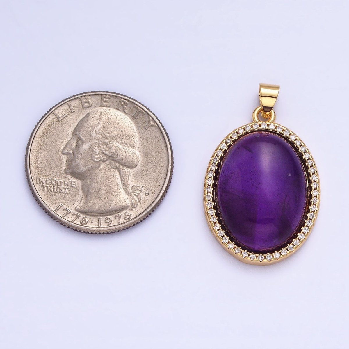 24K Gold Filled 31mm Purple Amethyst Natural Gemstone Oval Cabochon Micro Paved CZ Pendant | AA330 - DLUXCA