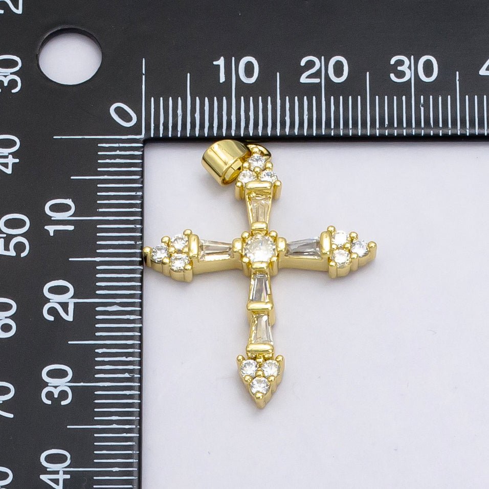 24K Gold Filled 32mm Baguette CZ Paved Cross | AA - 1025 - DLUXCA