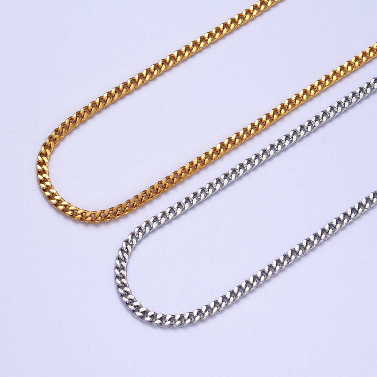 24K Gold Filled 3.2mm Mini Cuban Flat Curb Unfinished Bulk Chain in Gold & Silver | ROLL-976, ROLL-977