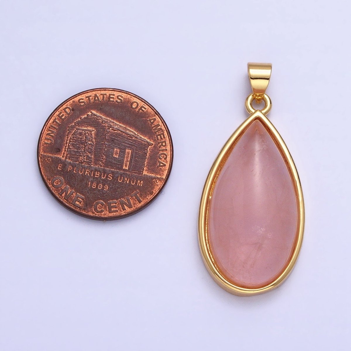 24K Gold Filled 33.3mm Rose Quartz Natural Gemstone Teardrop Bezel Pendant | AA342 - DLUXCA