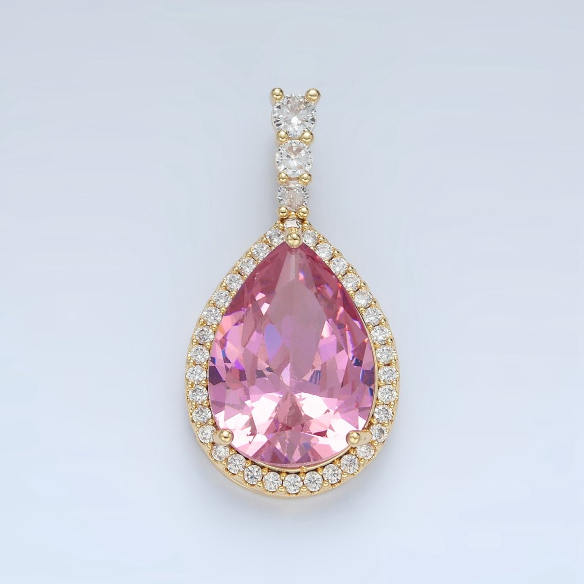 24K Gold Filled 34mm Clear, Red, Blue, Pink, Peach, Green Teardrop CZ Micro Paved Linear Bail Pendant | AA882 - AA887