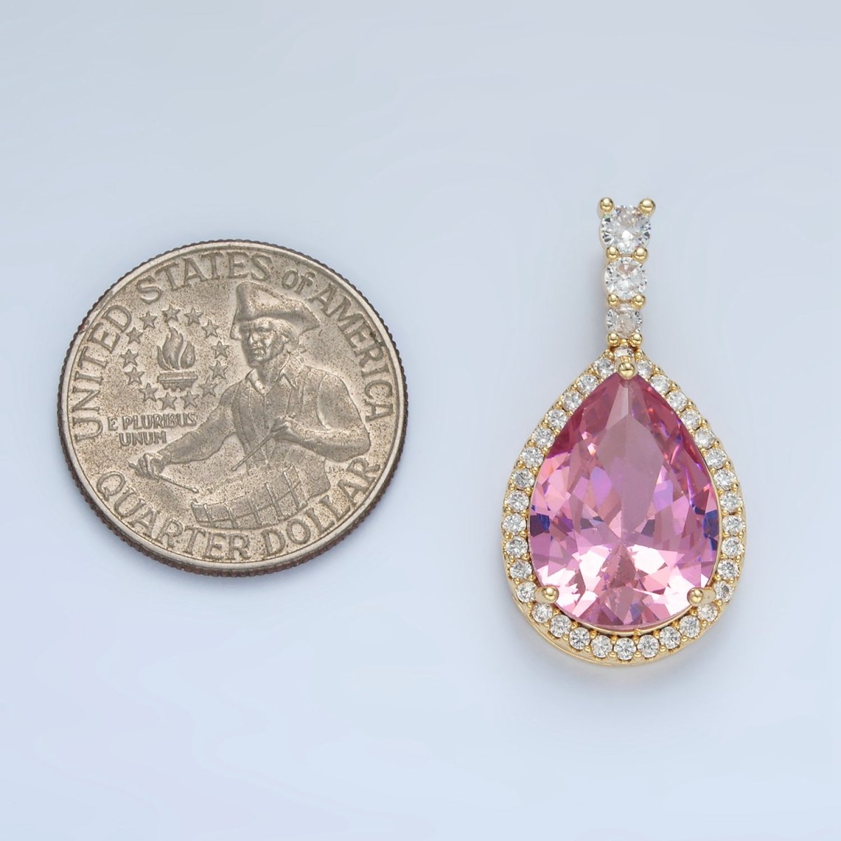 24K Gold Filled 34mm Clear, Red, Blue, Pink, Peach, Green Teardrop CZ Micro Paved Linear Bail Pendant | AA882 - AA887