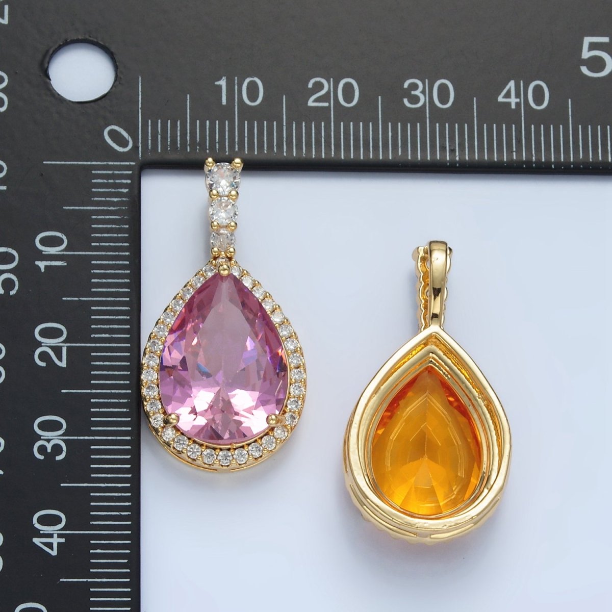 24K Gold Filled 34mm Clear, Red, Blue, Pink, Peach, Green Teardrop CZ Micro Paved Linear Bail Pendant | AA882 - AA887