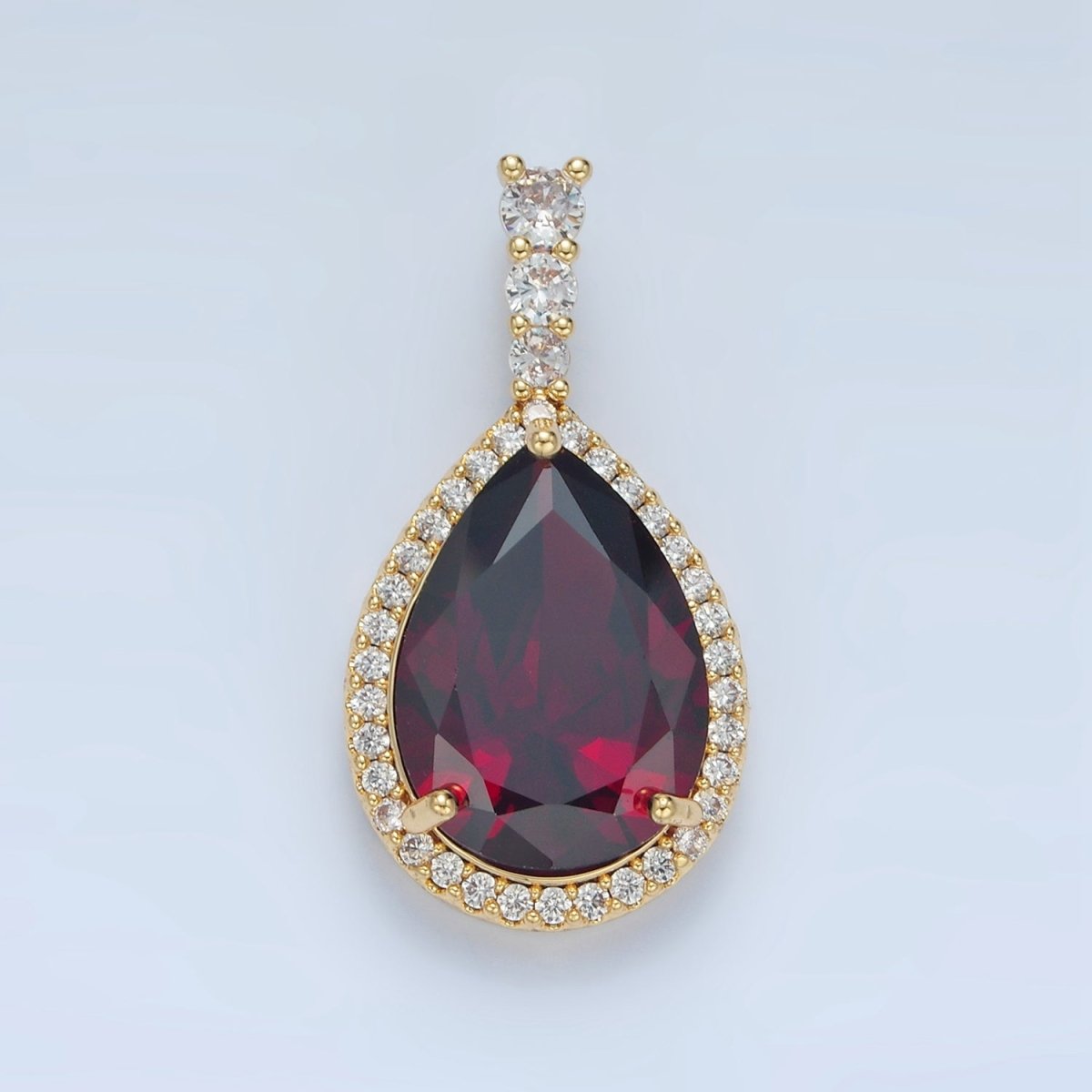 24K Gold Filled 34mm Clear, Red, Blue, Pink, Peach, Green Teardrop CZ Micro Paved Linear Bail Pendant | AA882 - AA887