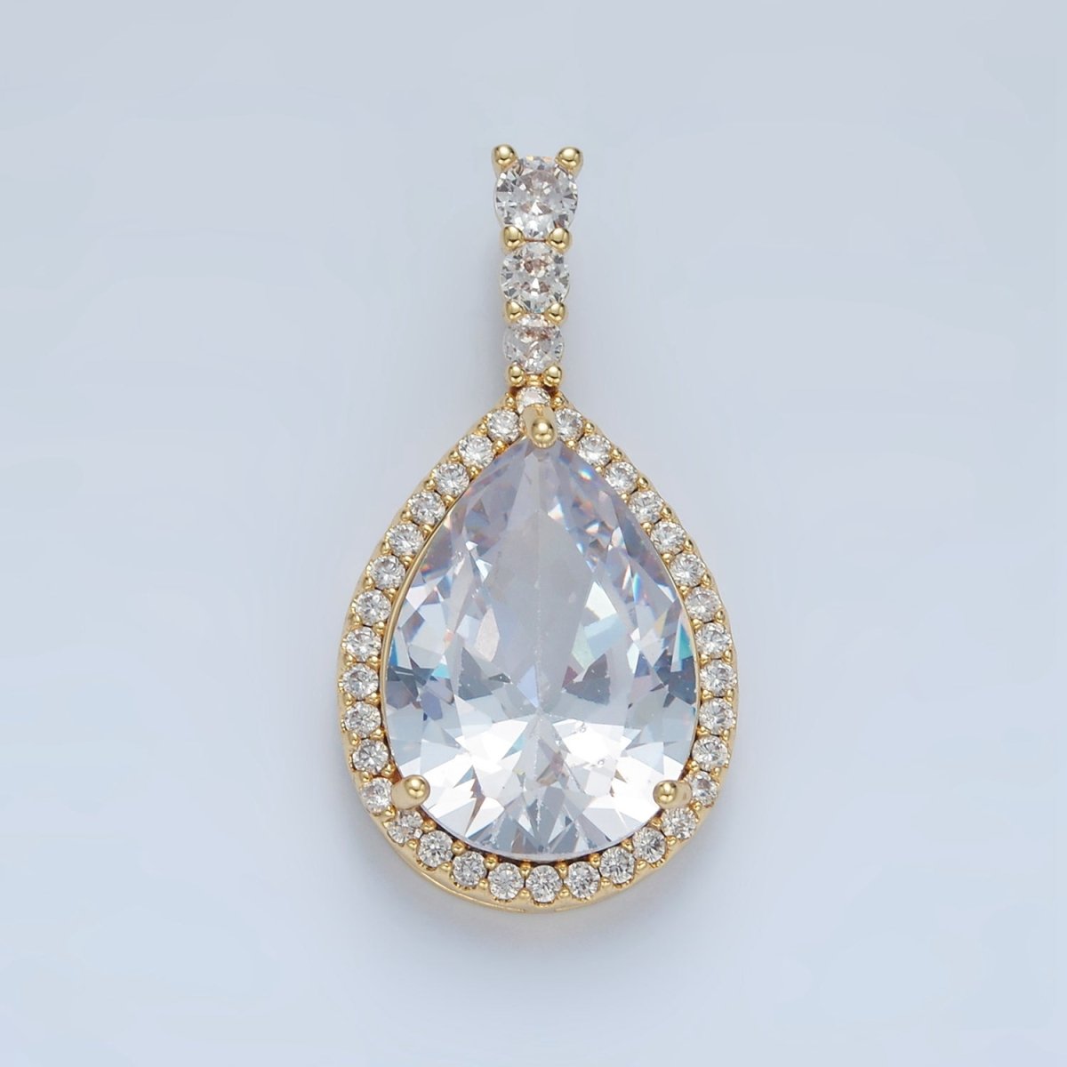 24K Gold Filled 34mm Clear, Red, Blue, Pink, Peach, Green Teardrop CZ Micro Paved Linear Bail Pendant | AA882 - AA887