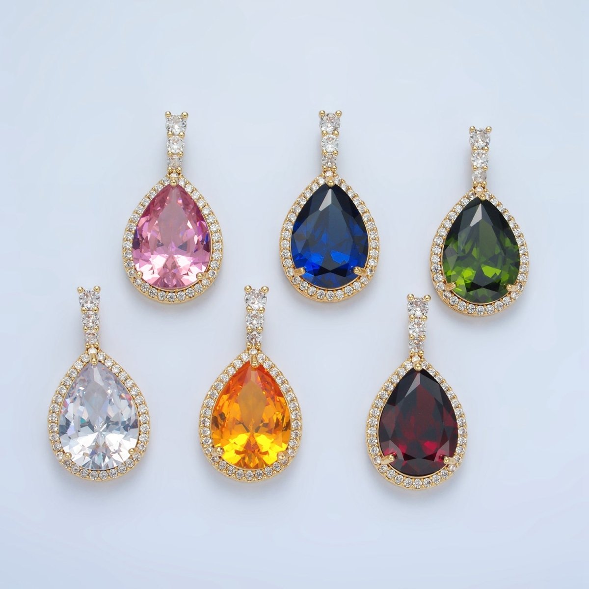 24K Gold Filled 34mm Clear, Red, Blue, Pink, Peach, Green Teardrop CZ Micro Paved Linear Bail Pendant | AA882 - AA887