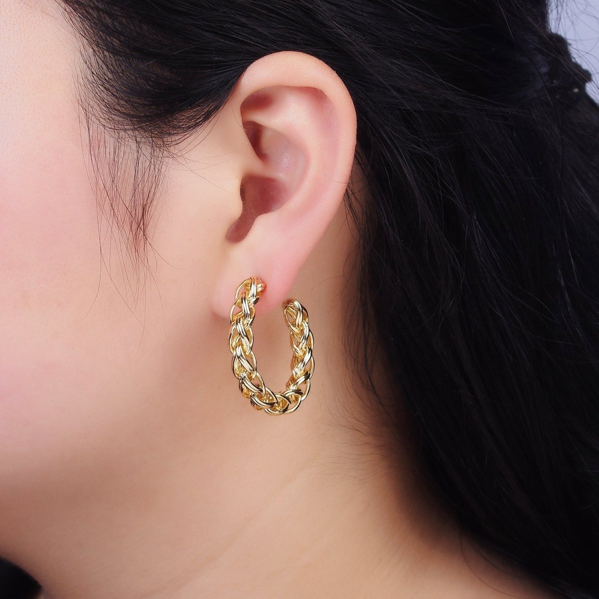 24K Gold Filled 35mm Braided Multiple Band C-Shaped Hoop Earrings in Gold & Silver | AE608 AE609