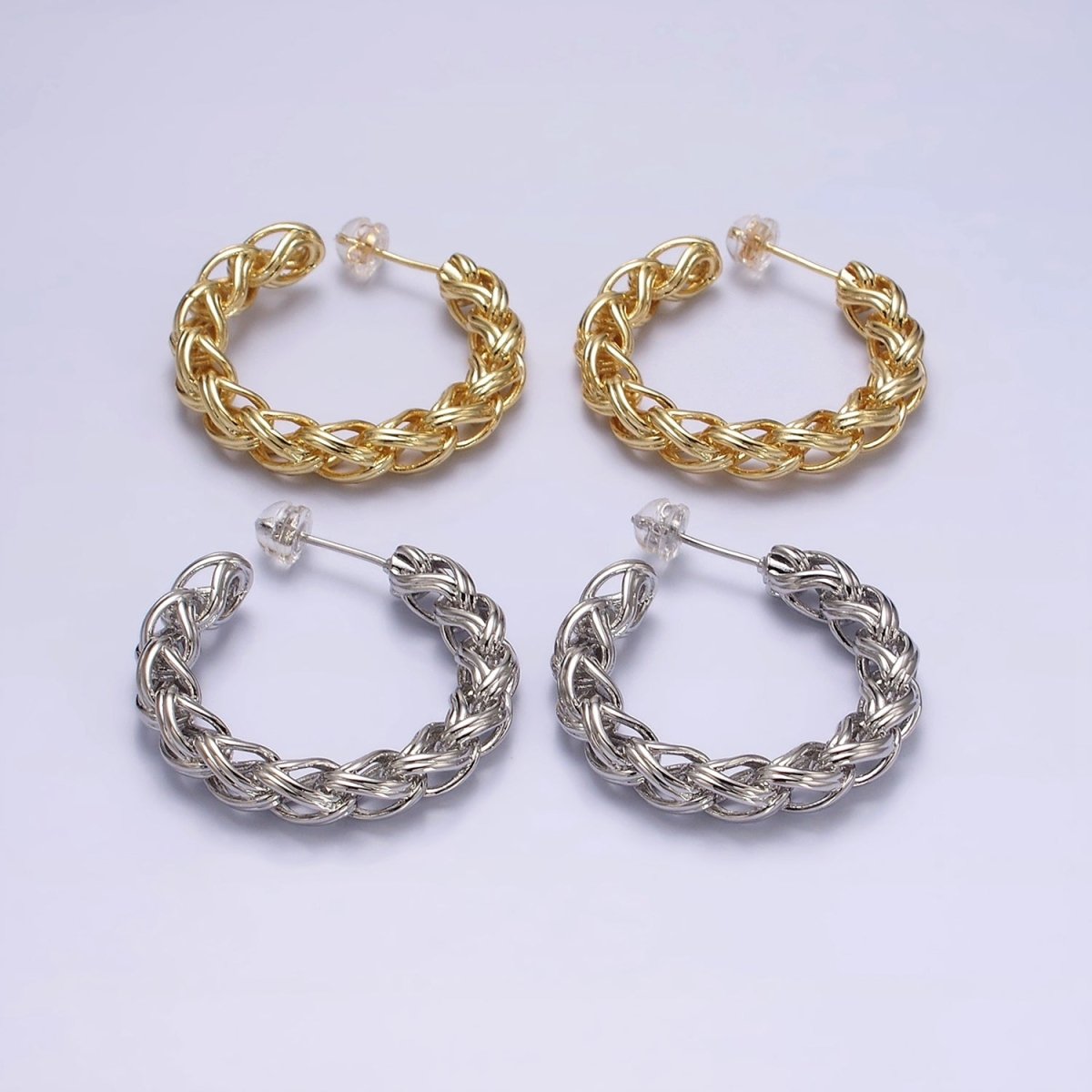 24K Gold Filled 35mm Braided Multiple Band C-Shaped Hoop Earrings in Gold & Silver | AE608 AE609