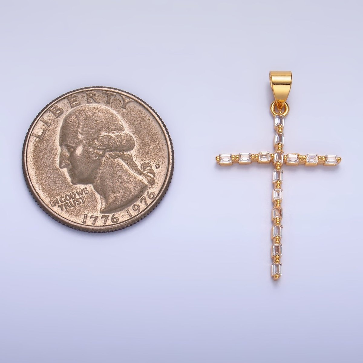 24K Gold Filled 35mm Clear CZ Baguette Religious Cross Pendant | I244 - DLUXCA