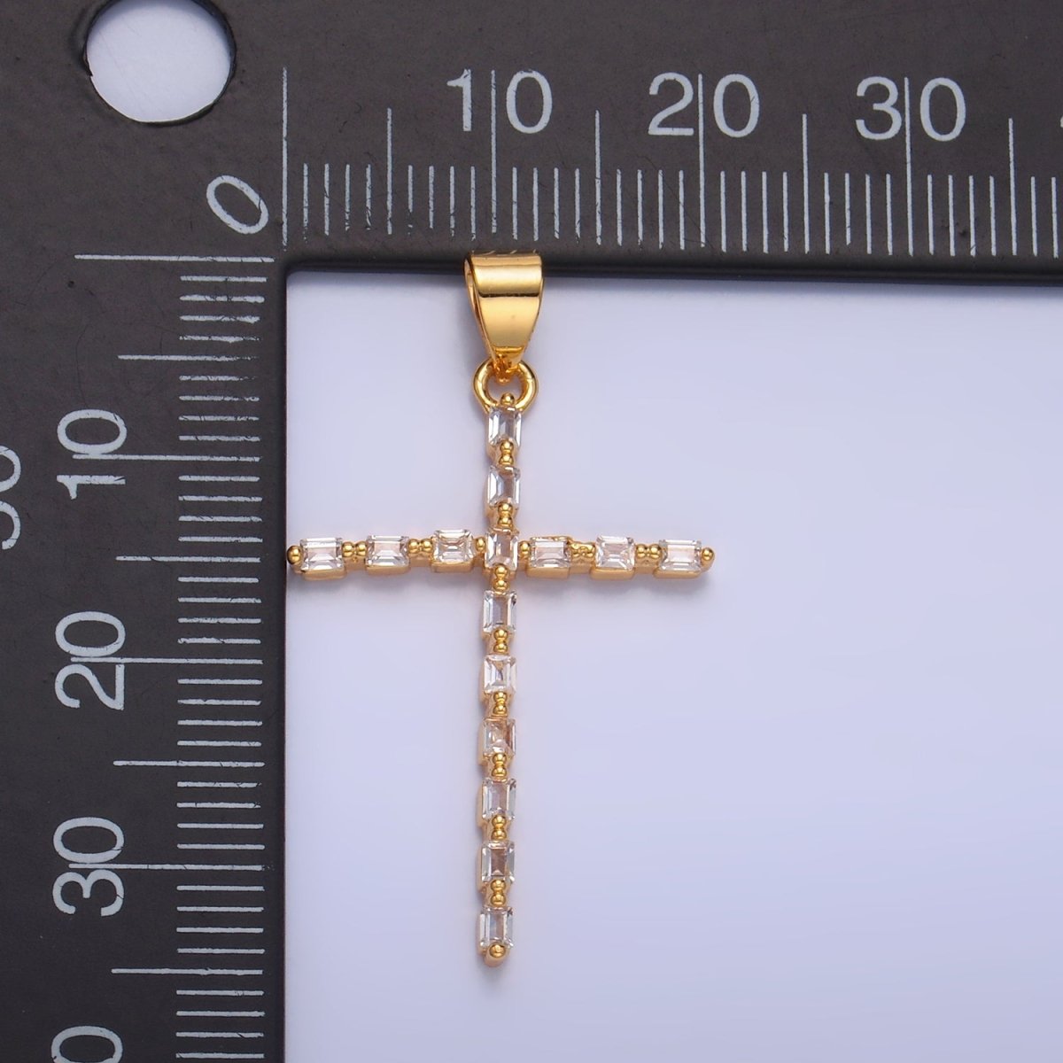 24K Gold Filled 35mm Clear CZ Baguette Religious Cross Pendant | I244 - DLUXCA