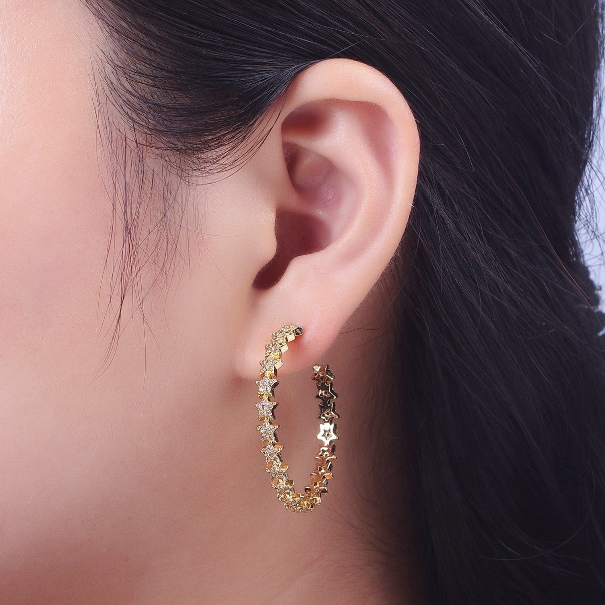 24K Gold Filled 35mm Micro Paved CZ Celestial Star Lined C Shaped Hoops Stud Earrings in Gold & Silver |  AE1089 AE1090