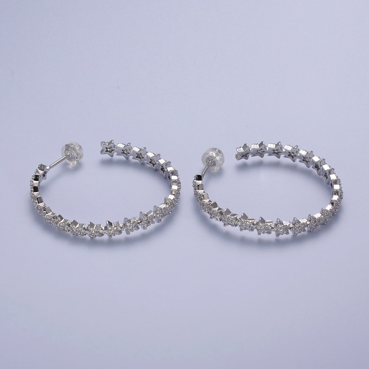 24K Gold Filled 35mm Micro Paved CZ Celestial Star Lined C Shaped Hoops Stud Earrings in Gold & Silver |  AE1089 AE1090