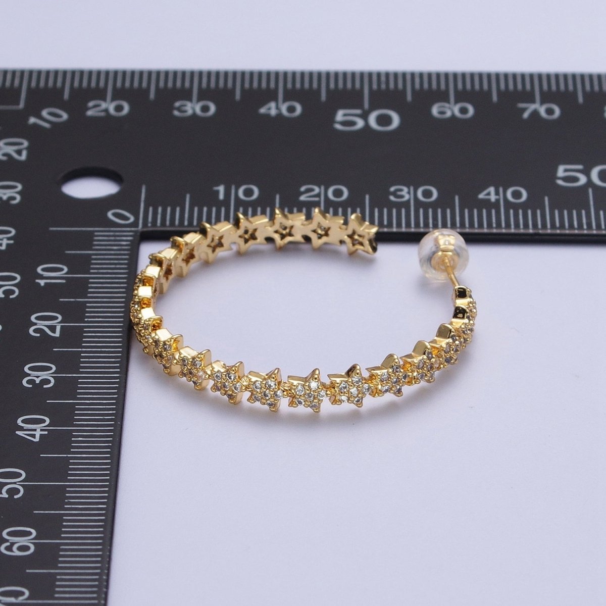 24K Gold Filled 35mm Micro Paved CZ Celestial Star Lined C Shaped Hoops Stud Earrings in Gold & Silver |  AE1089 AE1090