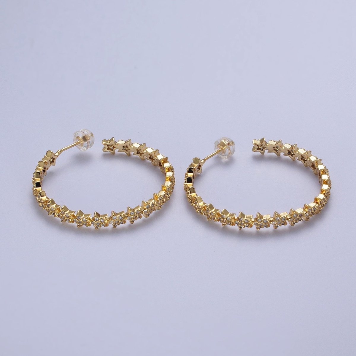 24K Gold Filled 35mm Micro Paved CZ Celestial Star Lined C Shaped Hoops Stud Earrings in Gold & Silver |  AE1089 AE1090