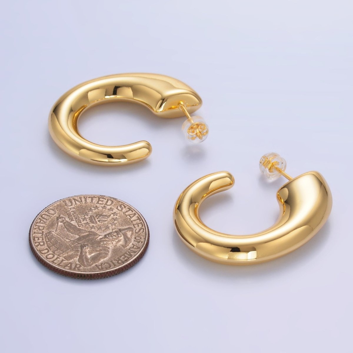 24K Gold Filled 35mm Minimalist J-Shaped Hoop Earrings in Gold & Silver | AB861 AB862