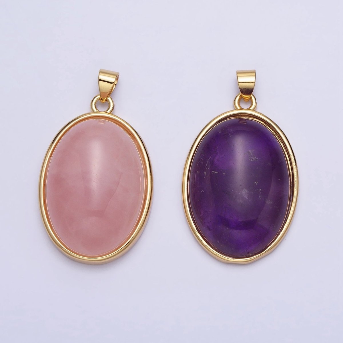 24K Gold Filled 35mm Rose Quartz, Amethyst Natural Gemstone Cabochon Oval Bezel Pendant | AA292 AA293