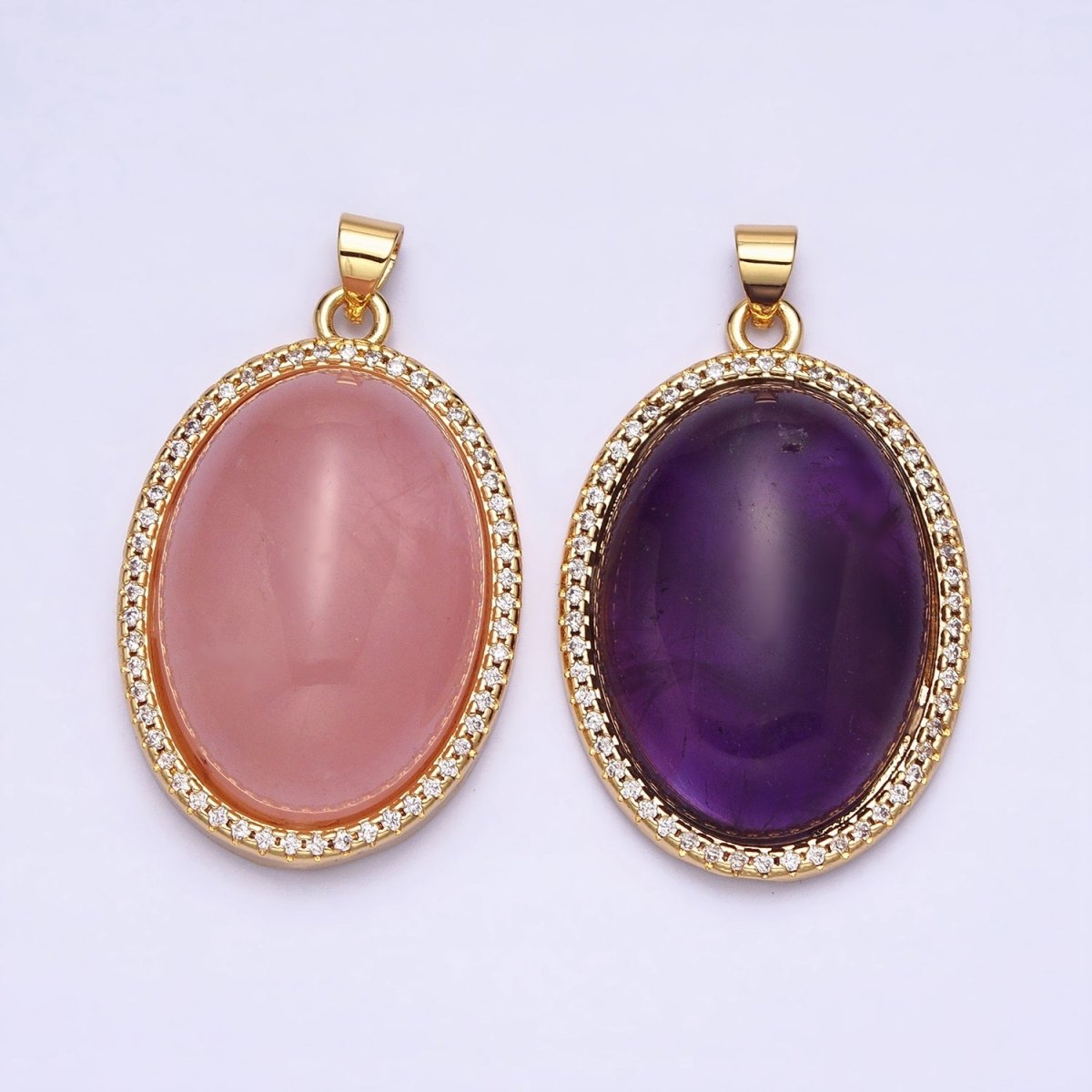 24K Gold Filled 35mm Rose Quartz, Amethyst Natural Gemstone Cabochon Oval Micro Paved CZ Pendant | AA290 AA291
