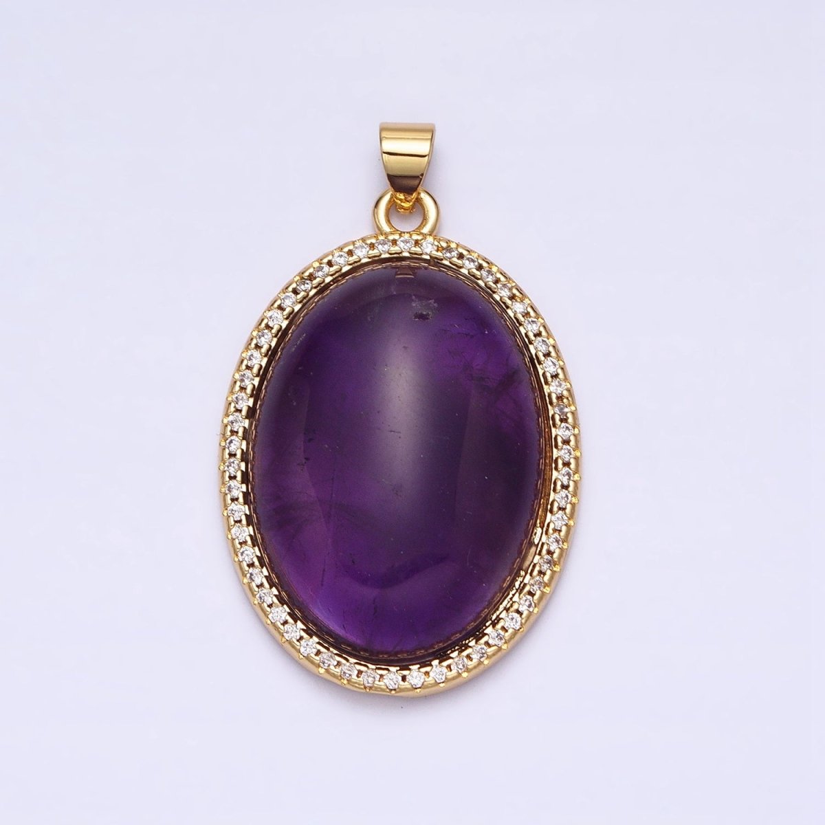 24K Gold Filled 35mm Rose Quartz, Amethyst Natural Gemstone Cabochon Oval Micro Paved CZ Pendant | AA290 AA291