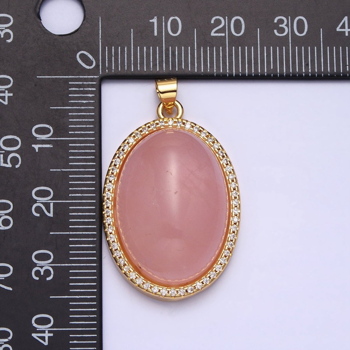 24K Gold Filled 35mm Rose Quartz, Amethyst Natural Gemstone Cabochon Oval Micro Paved CZ Pendant | AA290 AA291