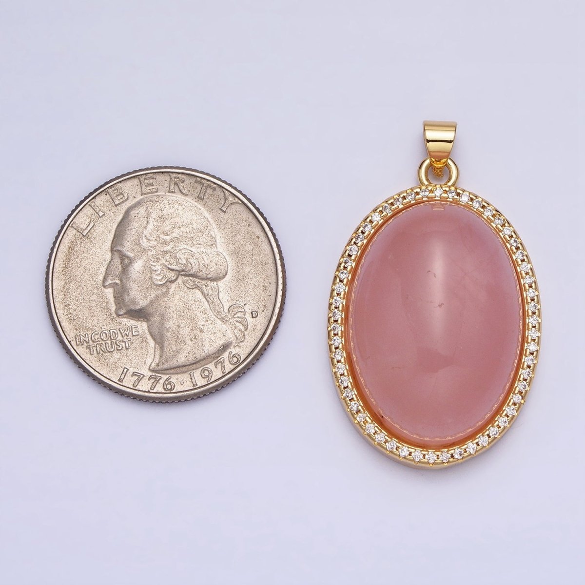 24K Gold Filled 35mm Rose Quartz, Amethyst Natural Gemstone Cabochon Oval Micro Paved CZ Pendant | AA290 AA291