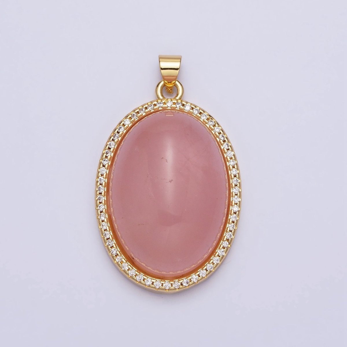 24K Gold Filled 35mm Rose Quartz, Amethyst Natural Gemstone Cabochon Oval Micro Paved CZ Pendant | AA290 AA291