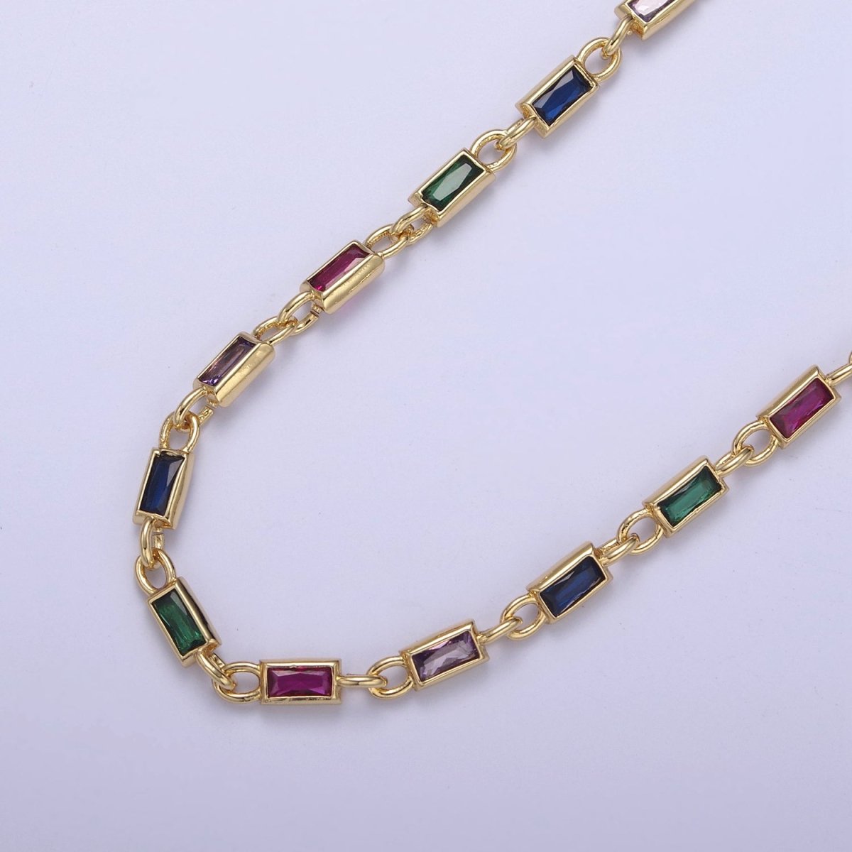 24K Gold Filled 3.6mm Baguette Cubic Zirconia Station Necklace Bulk Unfinished Chain | ROLL-757, ROLL-778, ROLL-779, ROLL-860, ROLL-861 Clearance Pricing