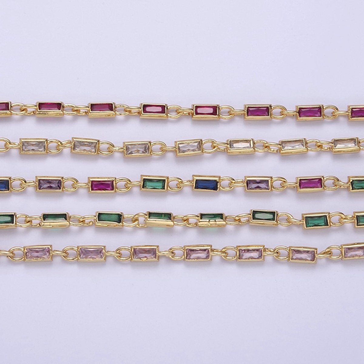 24K Gold Filled 3.6mm Baguette Cubic Zirconia Station Necklace Bulk Unfinished Chain | ROLL-757, ROLL-778, ROLL-779, ROLL-860, ROLL-861 Clearance Pricing