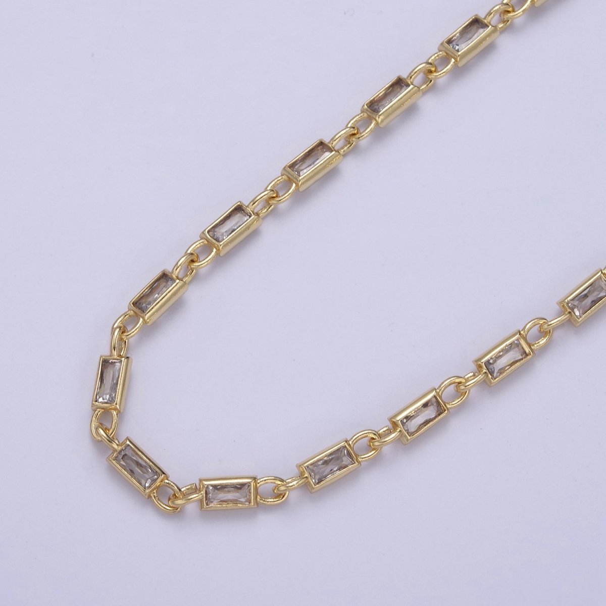 24K Gold Filled 3.6mm Baguette Cubic Zirconia Station Necklace Bulk Unfinished Chain | ROLL-757, ROLL-778, ROLL-779, ROLL-860, ROLL-861 Clearance Pricing