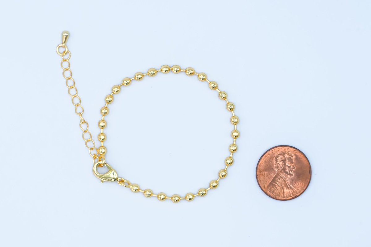24K Gold Filled 3mm Bead Ball 7 Inch Chain Bracelet | WA - 2798 - DLUXCA