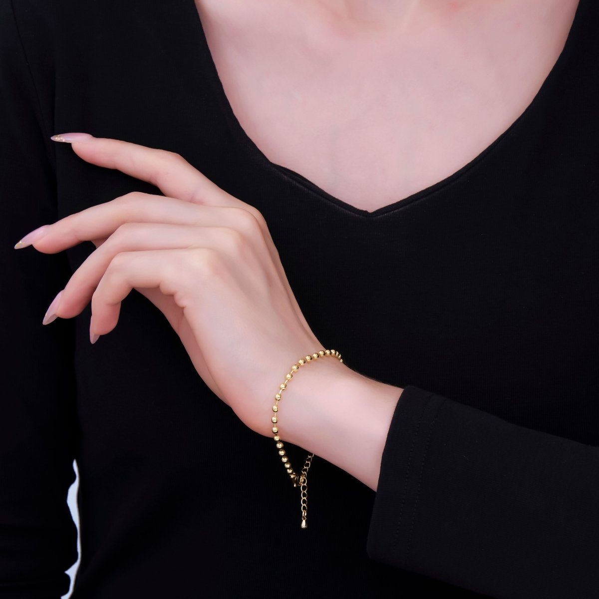 24K Gold Filled 3mm Bead Ball 7 Inch Chain Bracelet | WA - 2798 - DLUXCA