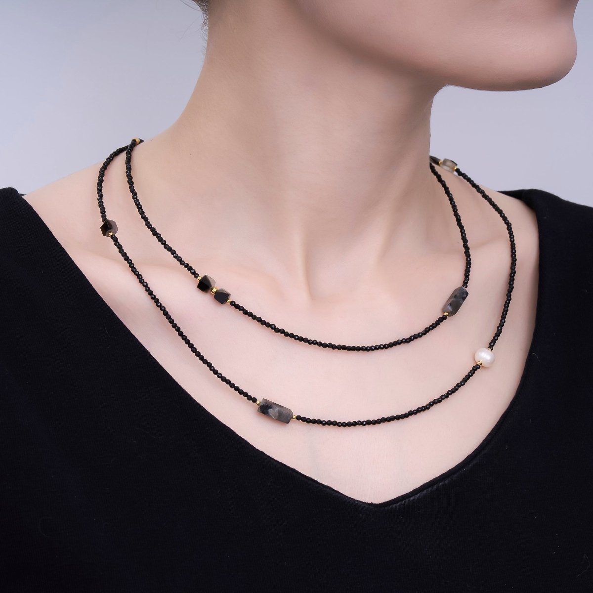 24K Gold Filled 3mm Grey Agate Onyx Shell Pearl Gemstone 40 Inches Necklace | WA - 3085 - DLUXCA