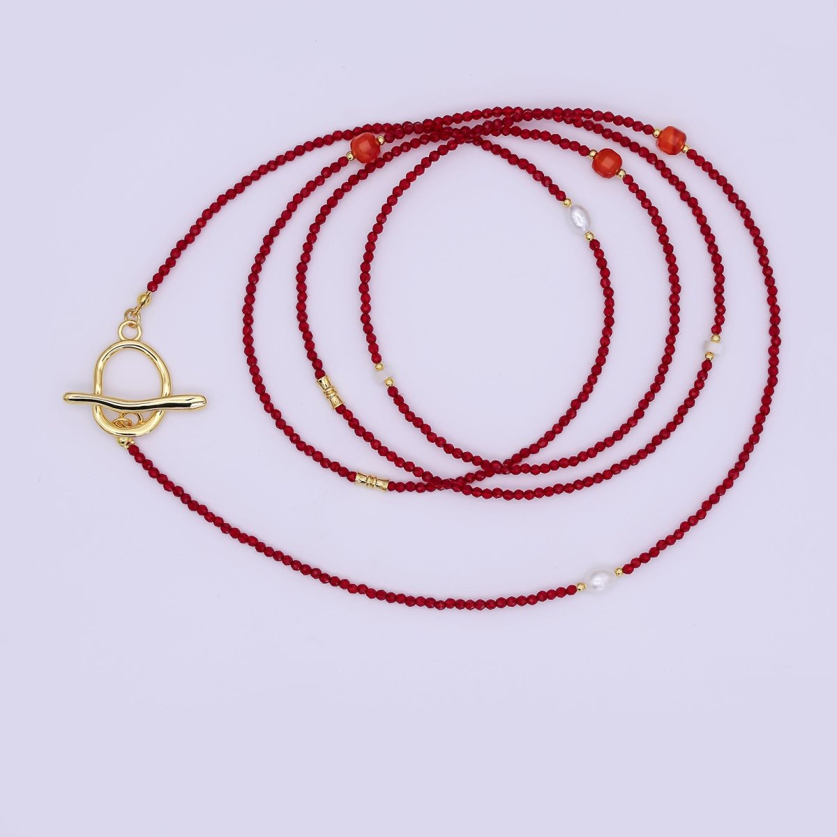 24K Gold Filled 3mm Red Carnelian Shell Pearl Gemstone 40 Inches Necklace | WA - 3077 - DLUXCA