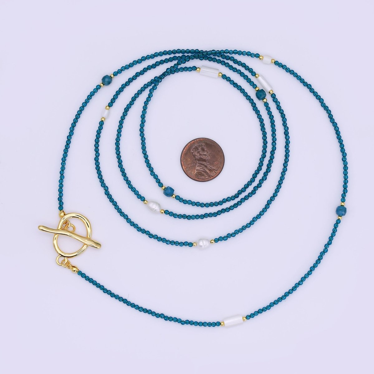24K Gold Filled 3mm Shell Pearl Blue Crystal Gemstone 40 Inches Necklace | WA - 3082 - DLUXCA