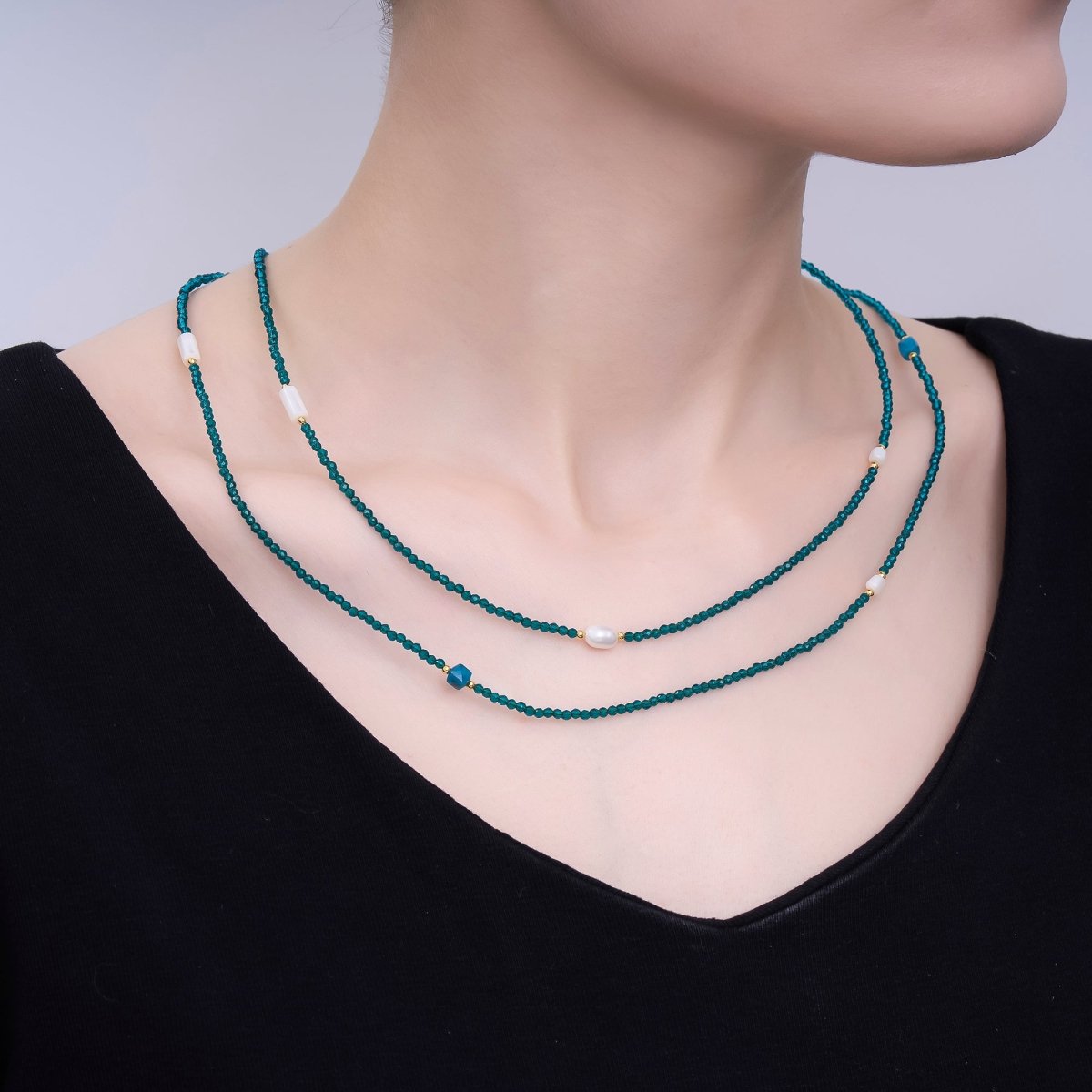 24K Gold Filled 3mm Shell Pearl Blue Crystal Gemstone 40 Inches Necklace | WA - 3082 - DLUXCA