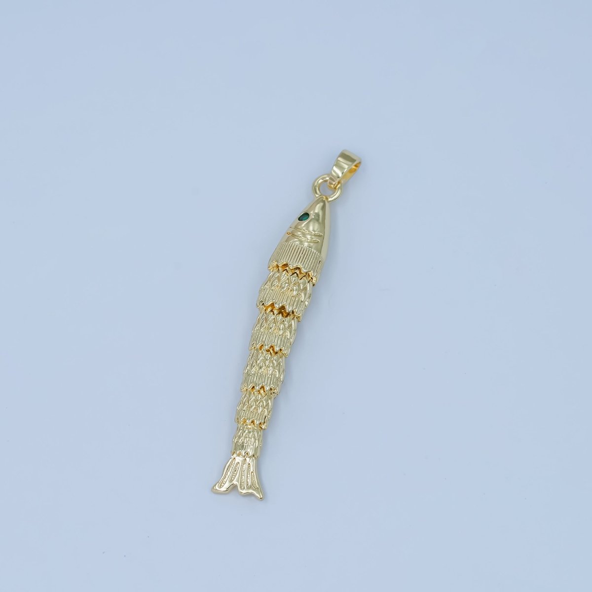 24K Gold Filled 40mm Green CZ Eye Artisan Fish Multidimensional 3D Charm | AA1495 - DLUXCA