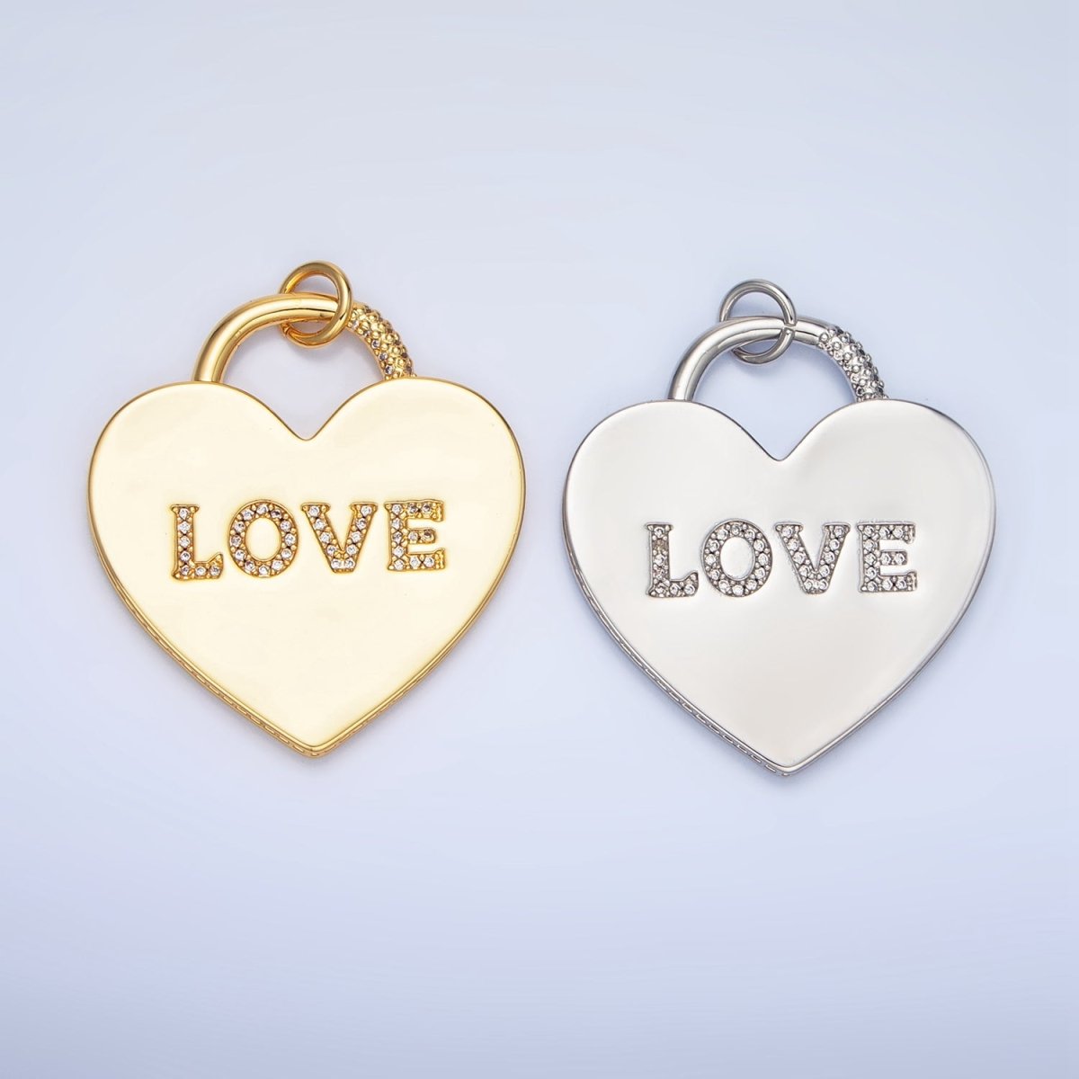 24K Gold Filled 40mm "LOVE" Micro Paved CZ Heart Padlock Charm in Gold & Silver | N746