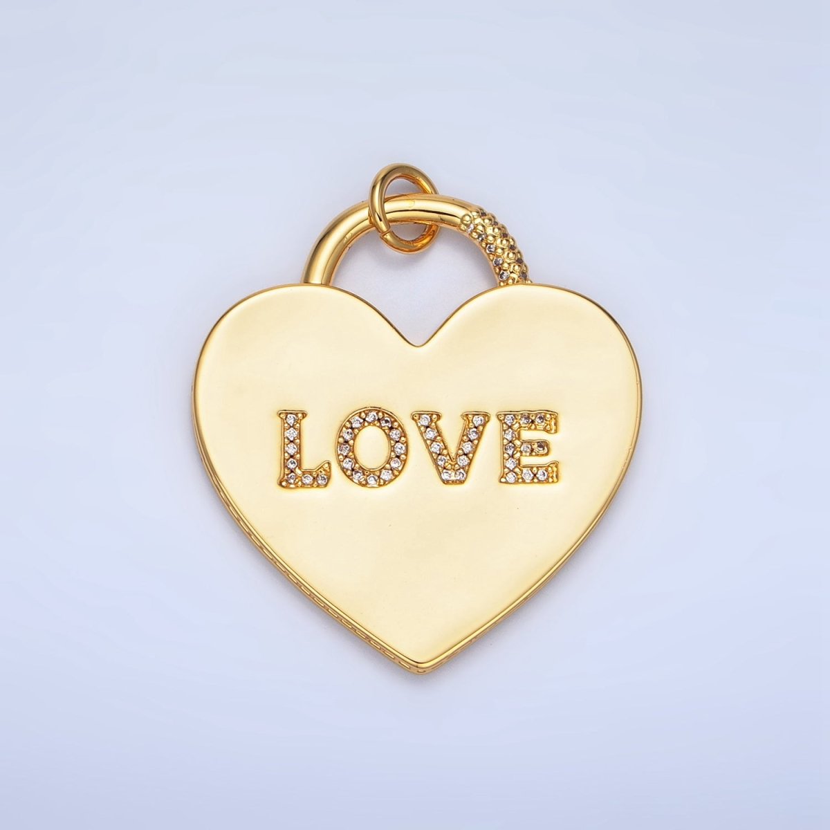 24K Gold Filled 40mm "LOVE" Micro Paved CZ Heart Padlock Charm in Gold & Silver | N746