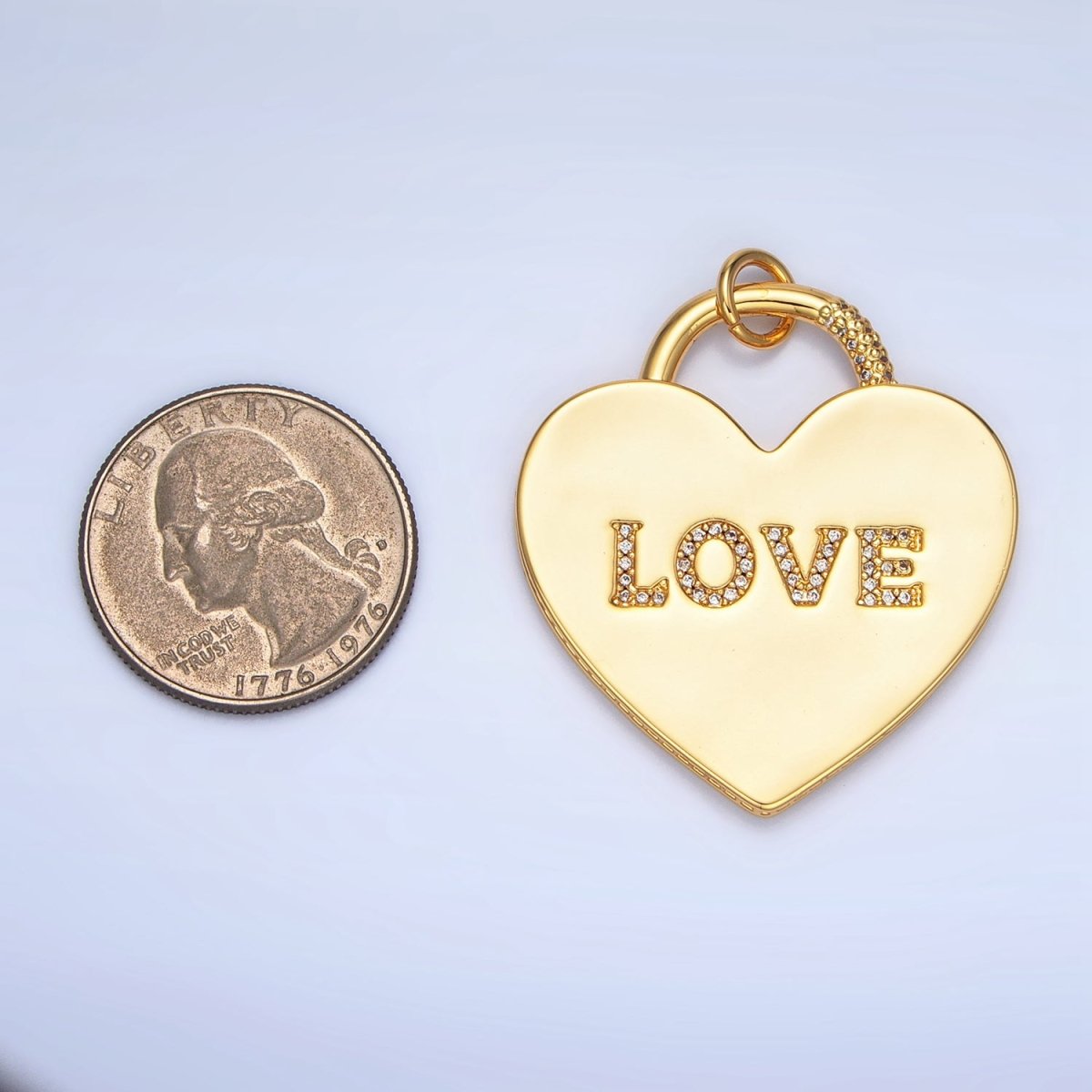 24K Gold Filled 40mm "LOVE" Micro Paved CZ Heart Padlock Charm in Gold & Silver | N746