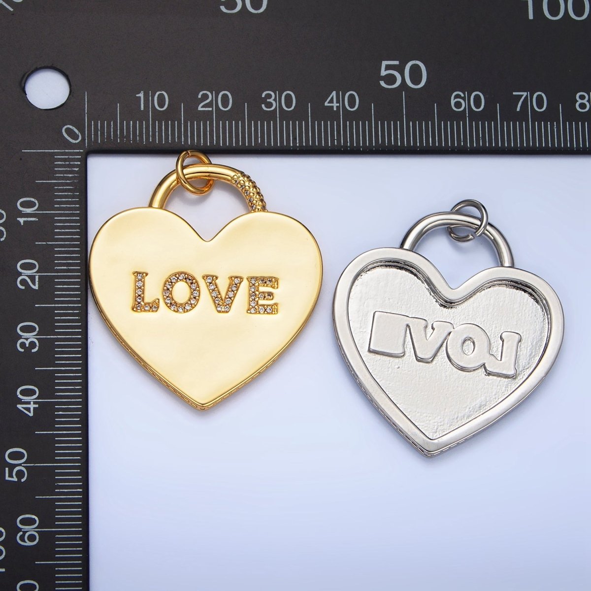 24K Gold Filled 40mm "LOVE" Micro Paved CZ Heart Padlock Charm in Gold & Silver | N746
