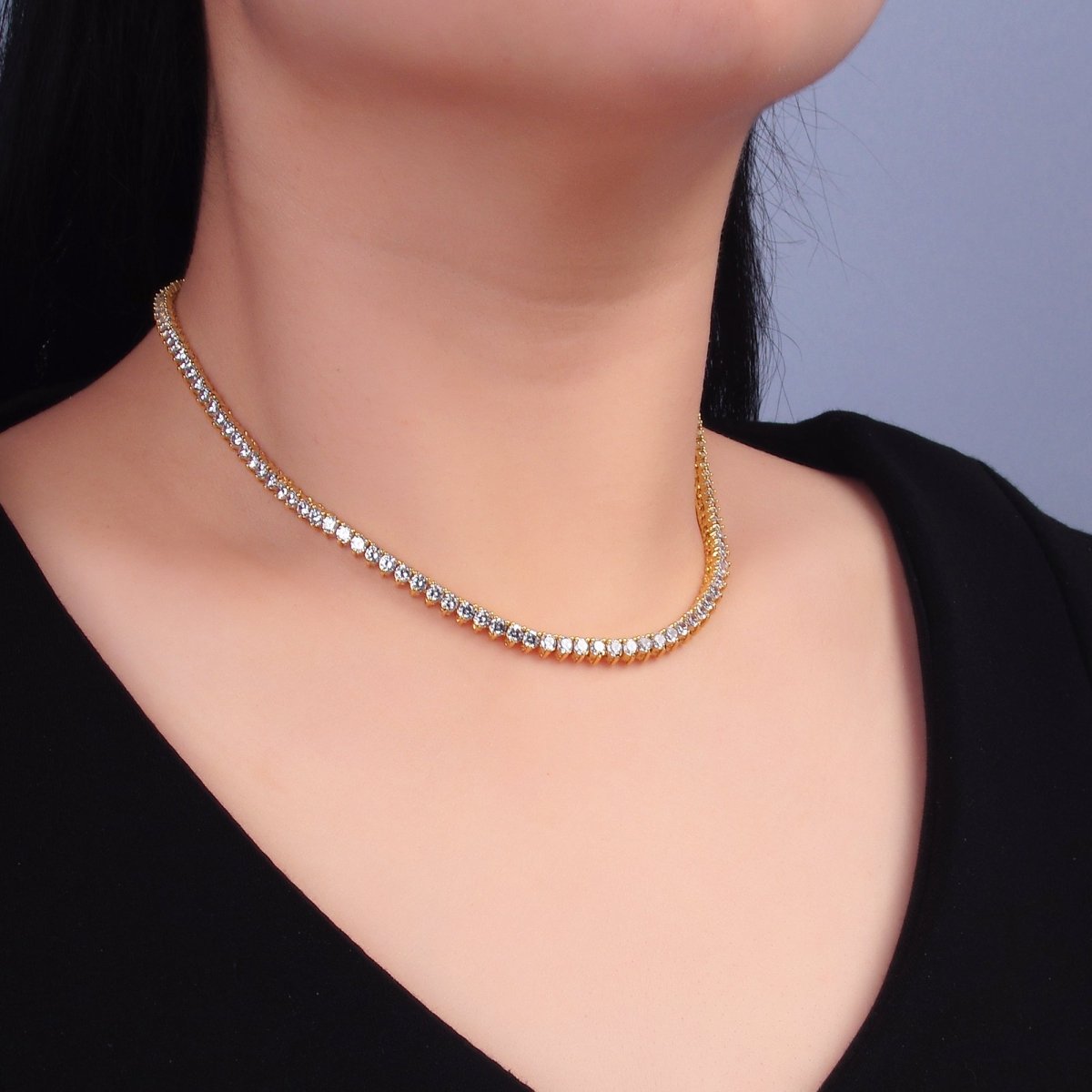 24K Gold Filled 4.2mm Clear CZ Three - Prong Tennis Chain 16 Inch Necklace | WA - 3027 - DLUXCA