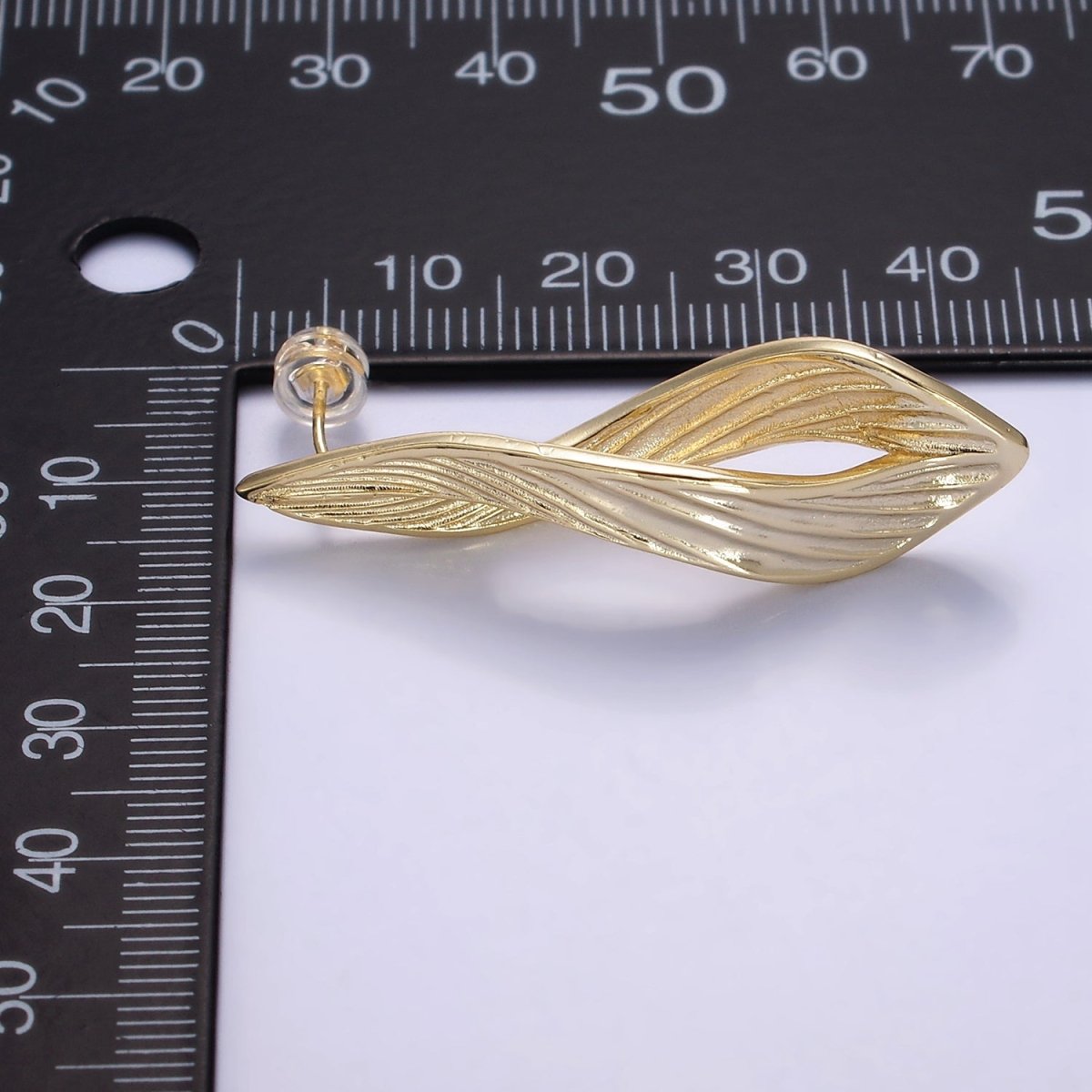 24K Gold Filled 45mm Line - Textured Leaf Curved Geometric Stud Earrings | Q120 - DLUXCA