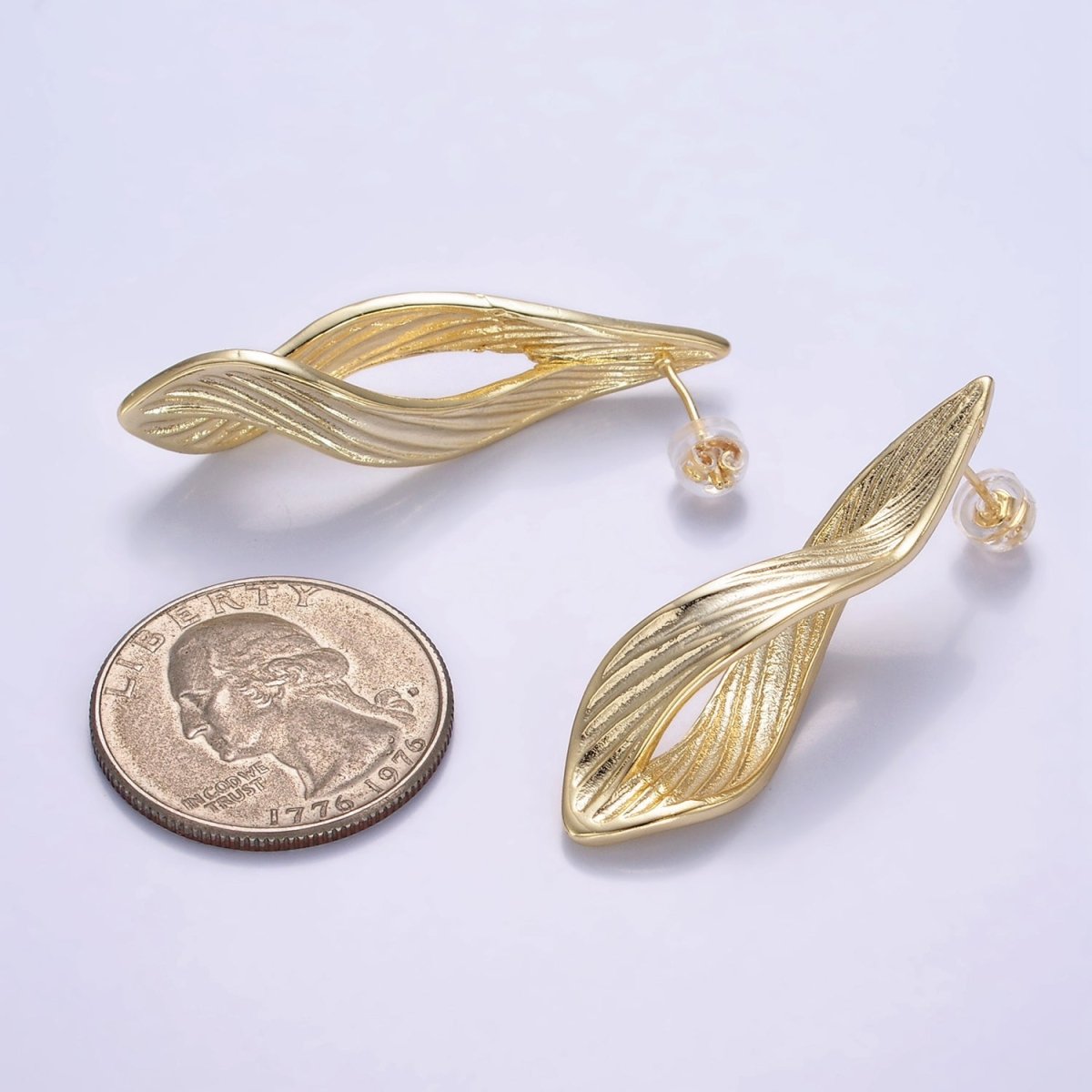 24K Gold Filled 45mm Line - Textured Leaf Curved Geometric Stud Earrings | Q120 - DLUXCA