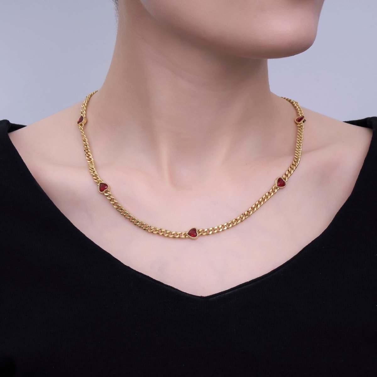 24K Gold Filled 4mm Red Heart CZ Curb Chain 18 Inch Necklace | WA - 3087 - DLUXCA