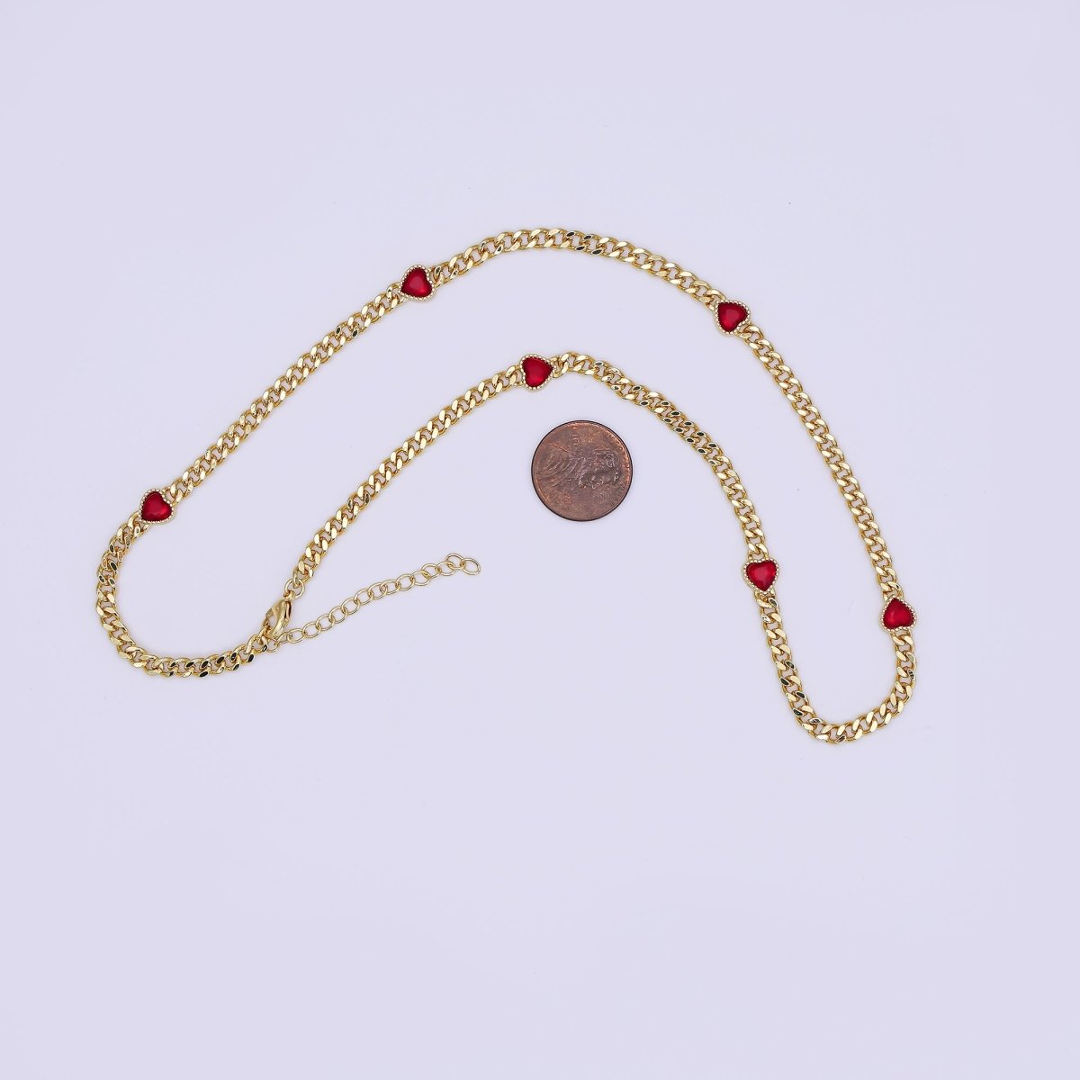 24K Gold Filled 4mm Red Heart CZ Curb Chain 18 Inch Necklace | WA - 3087 - DLUXCA