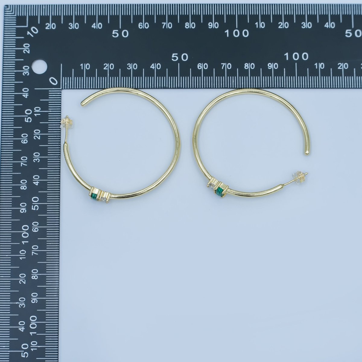 24K Gold Filled 50mm Clear CZ Malachite C - Shaped Hoop Earrings | AD473 - DLUXCA